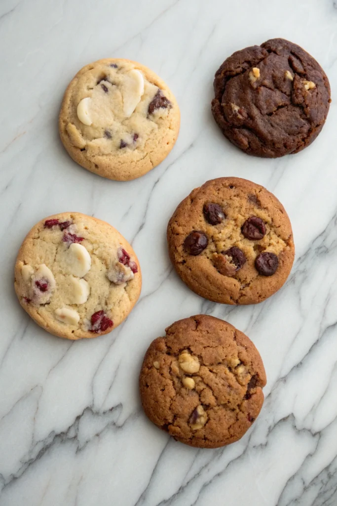 Double Almond Chocolate Chip Cookies 10 Five double almond cookies in assorted flavor variations displayed on a marble surface.