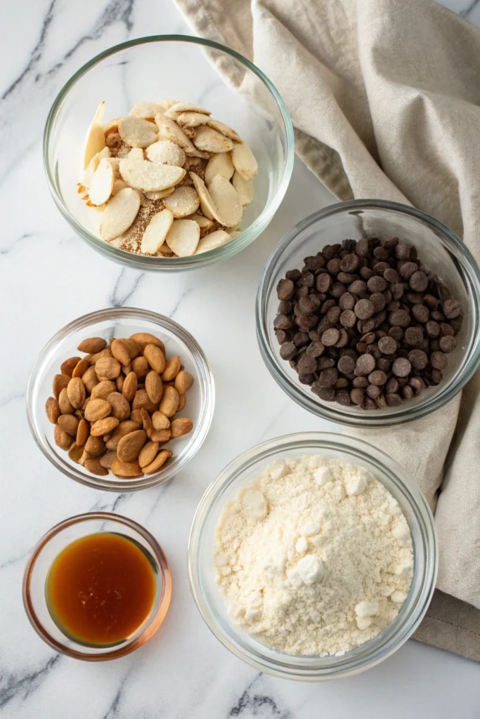 Double Almond Chocolate Chip Cookies 8 Ingredients for double almond cookies including sliced almonds, chocolate chips, almond flour, roasted almonds, and vanilla extract.