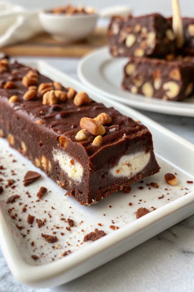 Rocky Road Ice Cream Without Nuts 24 Sliced Rocky Road Ice Cream Without Nuts bar served on a white plate with marshmallow and chocolate layers