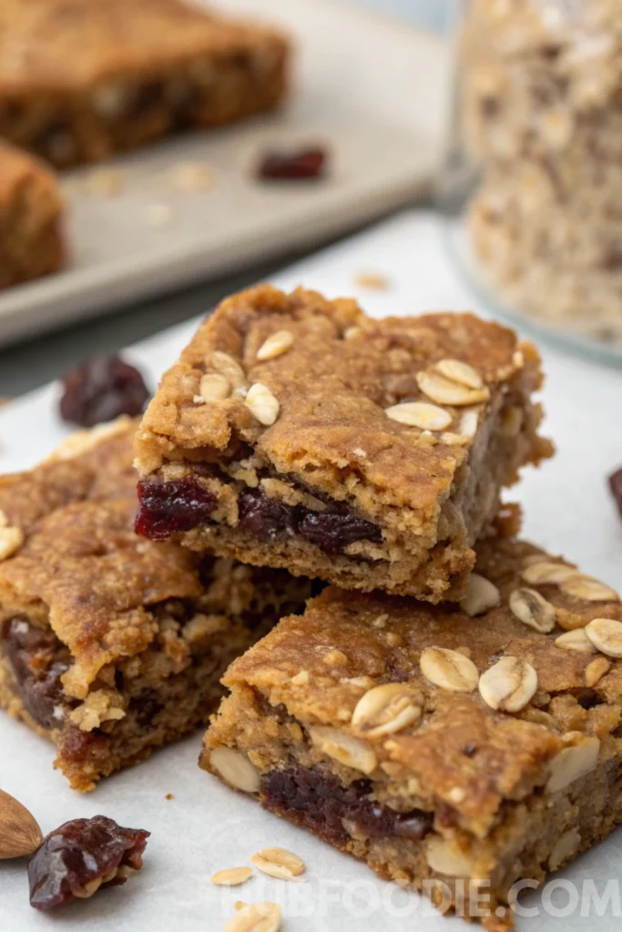 Homemade Gluten Free Granola Bars 23 close-up of fruit granola bars with chopped dates and oats on parchment