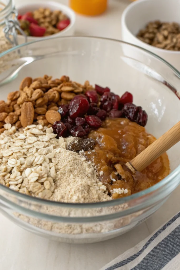 Fruit Granola Bars Recipe 19 Combining ingredients for fruit granola bars recipe in a glass mixing bowl