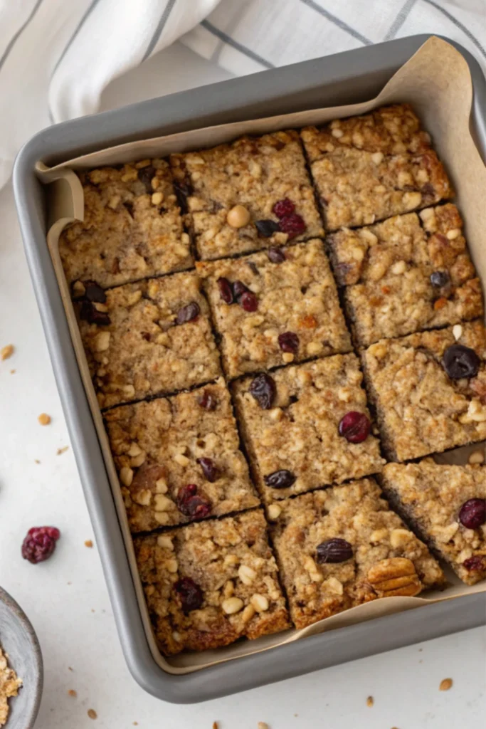 Fruit Granola Bars Recipe 21 Sliced fruit granola bars in a baking pan