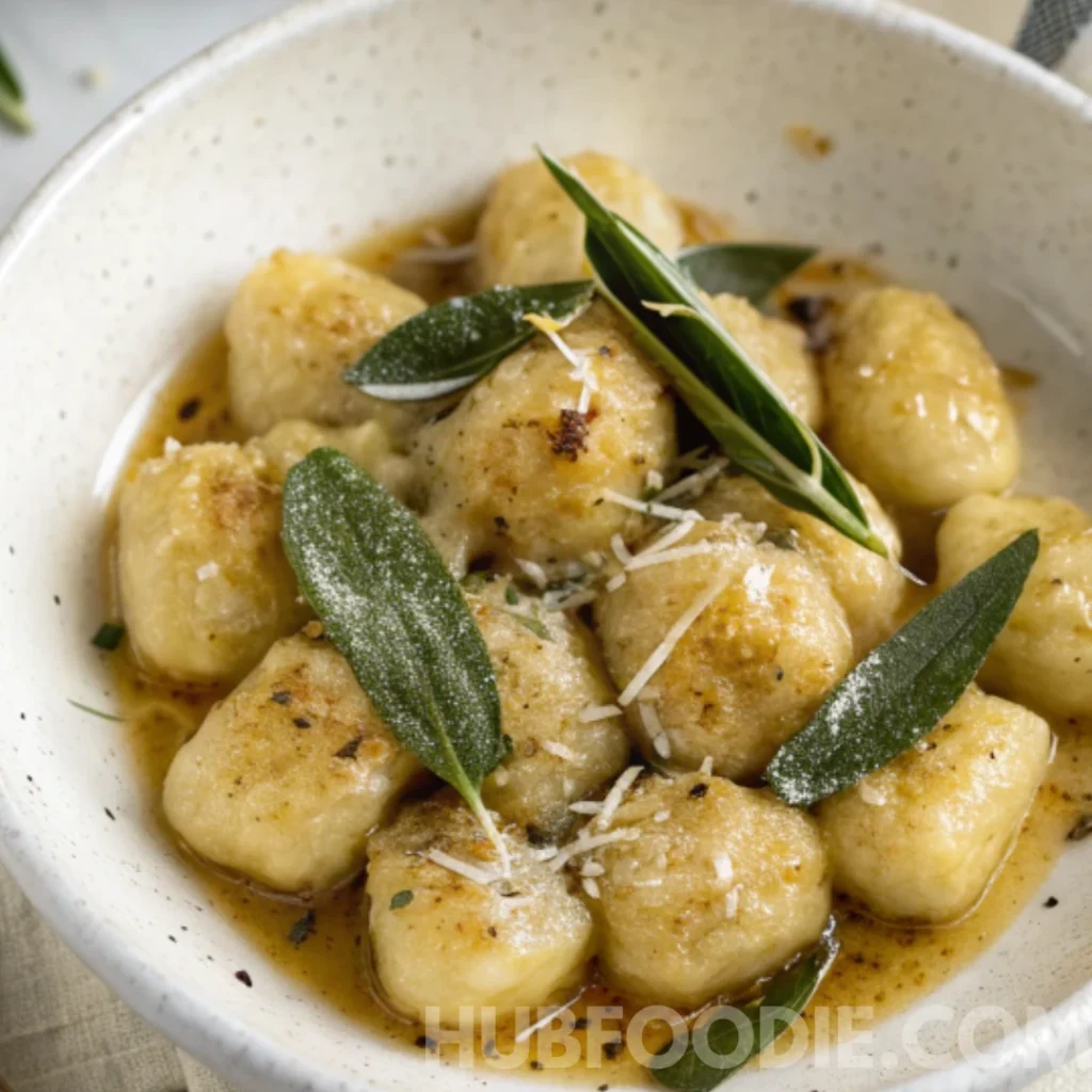 Gnocchi Amalfitani Recipe 32 Gnocchi Amalfitani in brown butter sauce garnished with fresh sage and grated cheese.