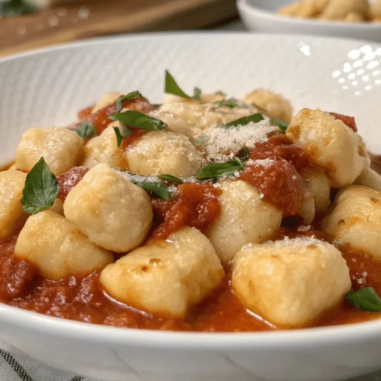 Gnocchi Amalfitani served in tomato sauce and topped with fresh basil and grated cheese.