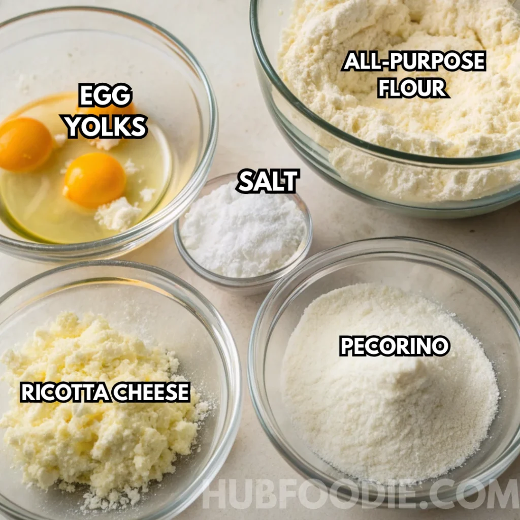 Gnocchi Amalfitani Recipe 20 Ingredients for Gnocchi Amalfitani in labeled glass bowls, including flour, egg yolks, ricotta, salt, and pecorino.