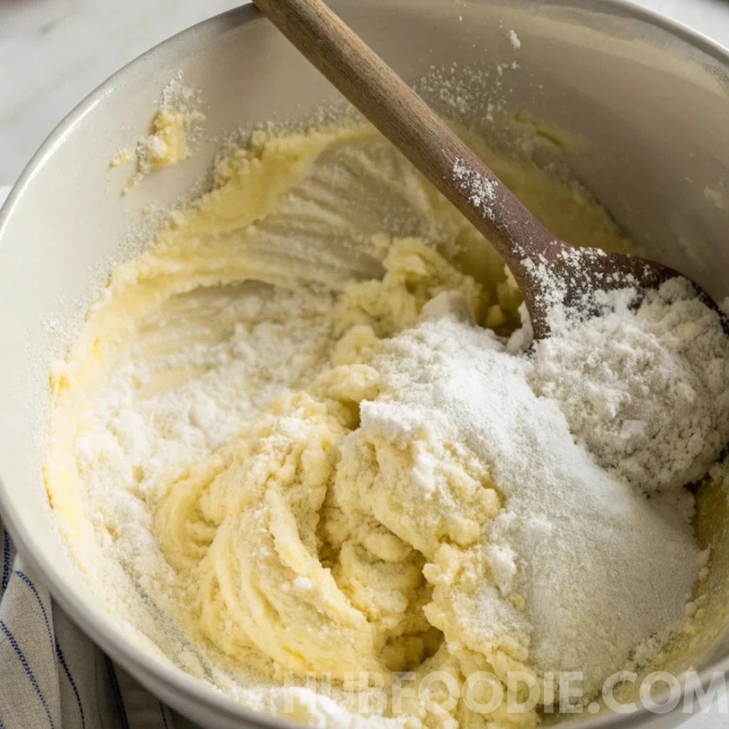 Gnocchi Amalfitani Recipe 22 Mixing flour into ricotta gnocchi dough in a metal bowl with a wooden spoon.