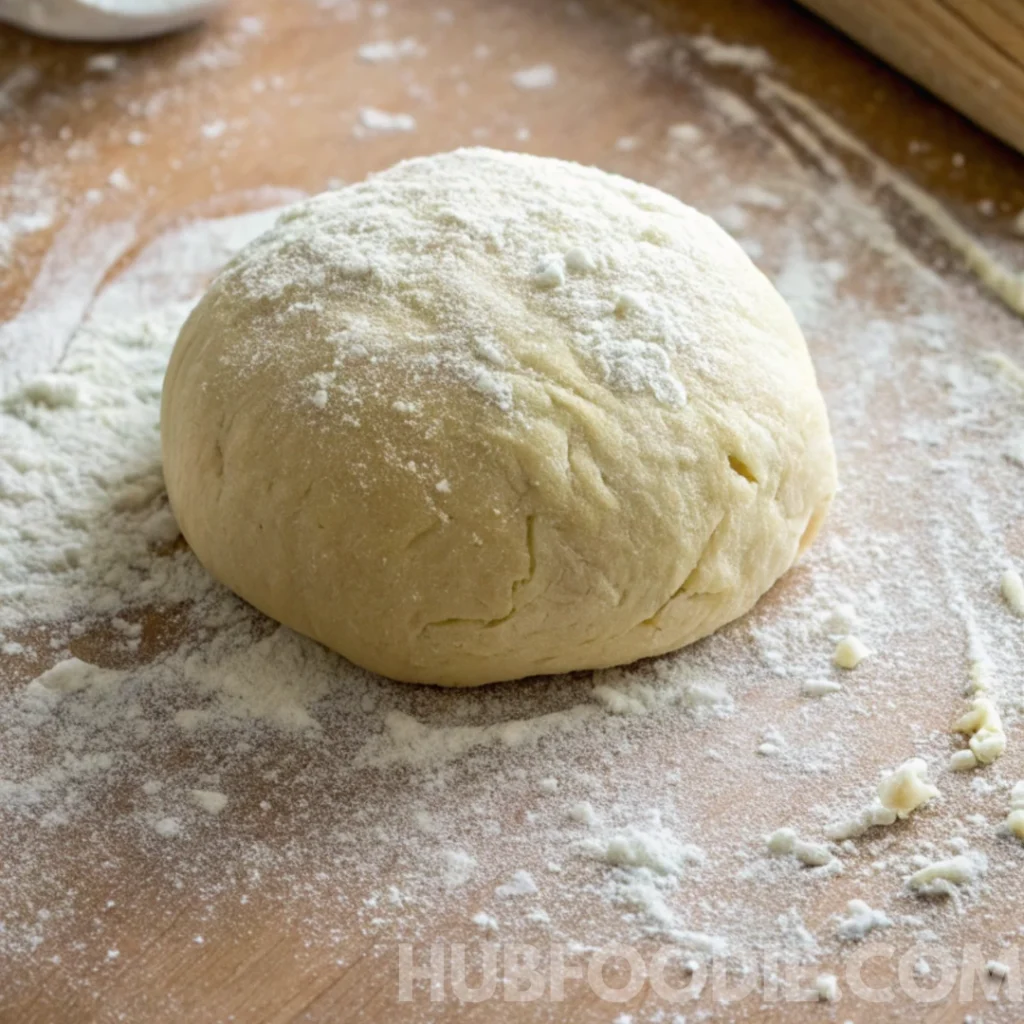 Gnocchi Amalfitani Recipe 23 Ball of gnocchi dough lightly floured and resting on a wooden surface.