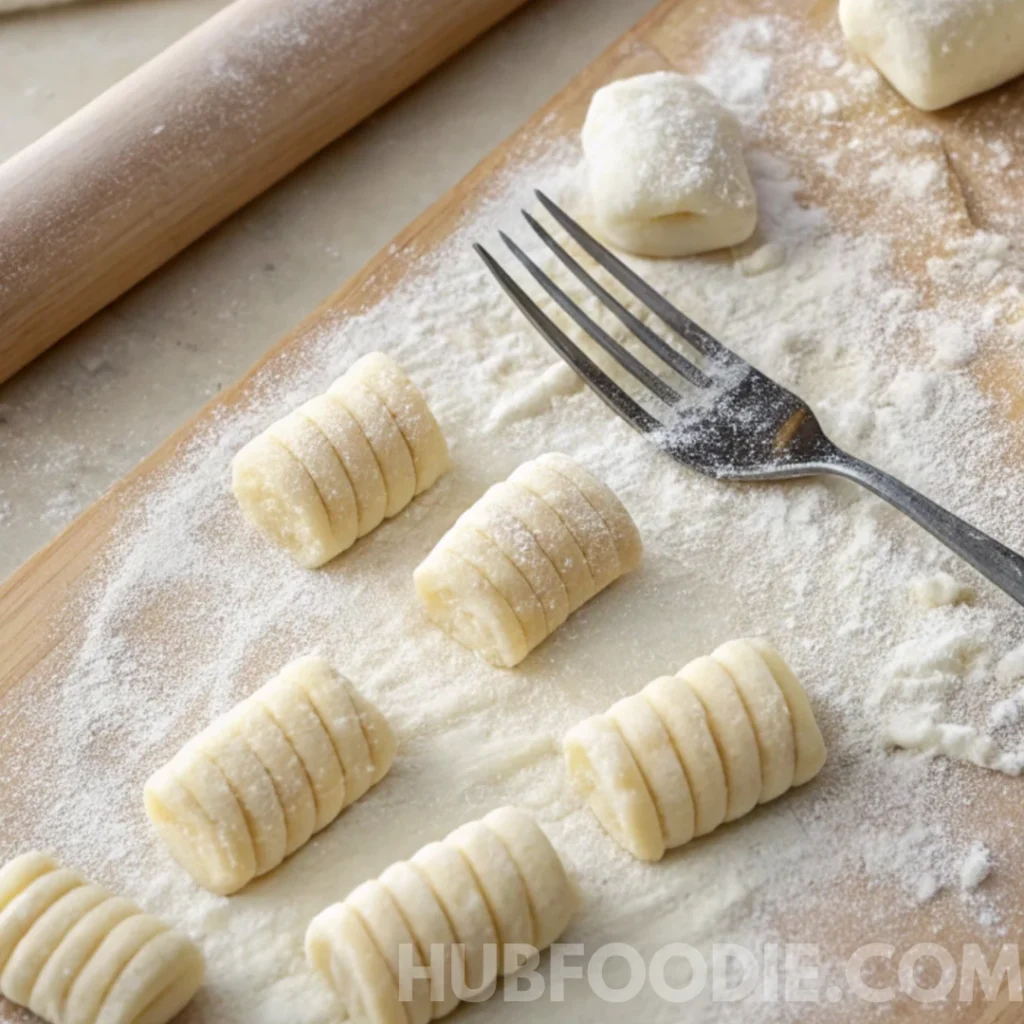 Gnocchi Amalfitani Recipe 24 Freshly shaped gnocchi pieces on a floured wooden board with a fork and rolling pin.