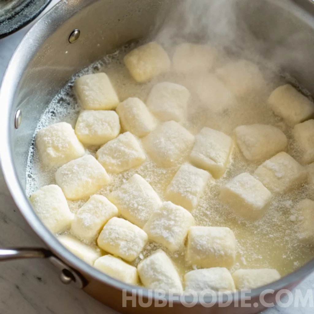 Gnocchi Amalfitani Recipe 25 Gnocchi boiling in a stainless steel pan with bubbling water and steam rising.