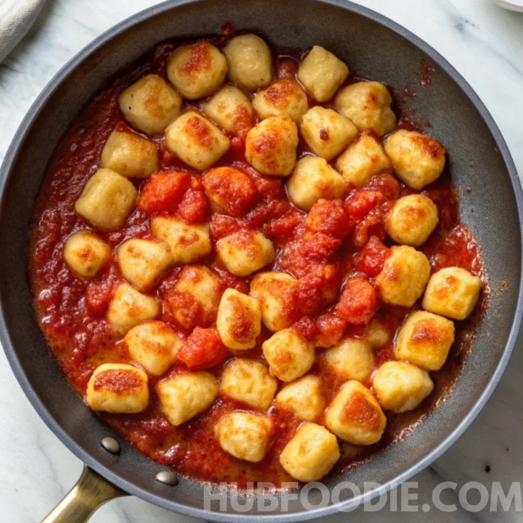 Gnocchi Amalfitani Recipe 26 Gnocchi coated in tomato sauce in a skillet, ready to be served.