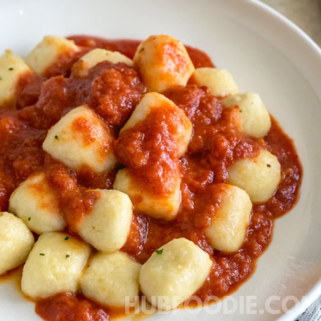 Gnocchi Amalfitani Recipe 27 Ricotta gnocchi served in tomato sauce on a white plate.