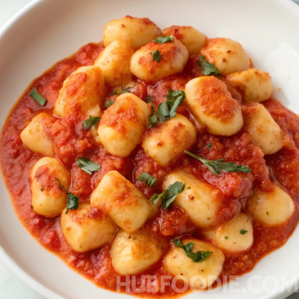 Gnocchi Amalfitani Recipe 28 Gnocchi Amalfitani garnished with chopped parsley in tomato sauce.