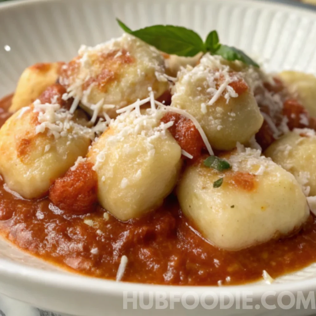 Gnocchi Amalfitani Recipe 29 Ricotta gnocchi served in tomato basil sauce and topped with grated cheese and fresh basil.