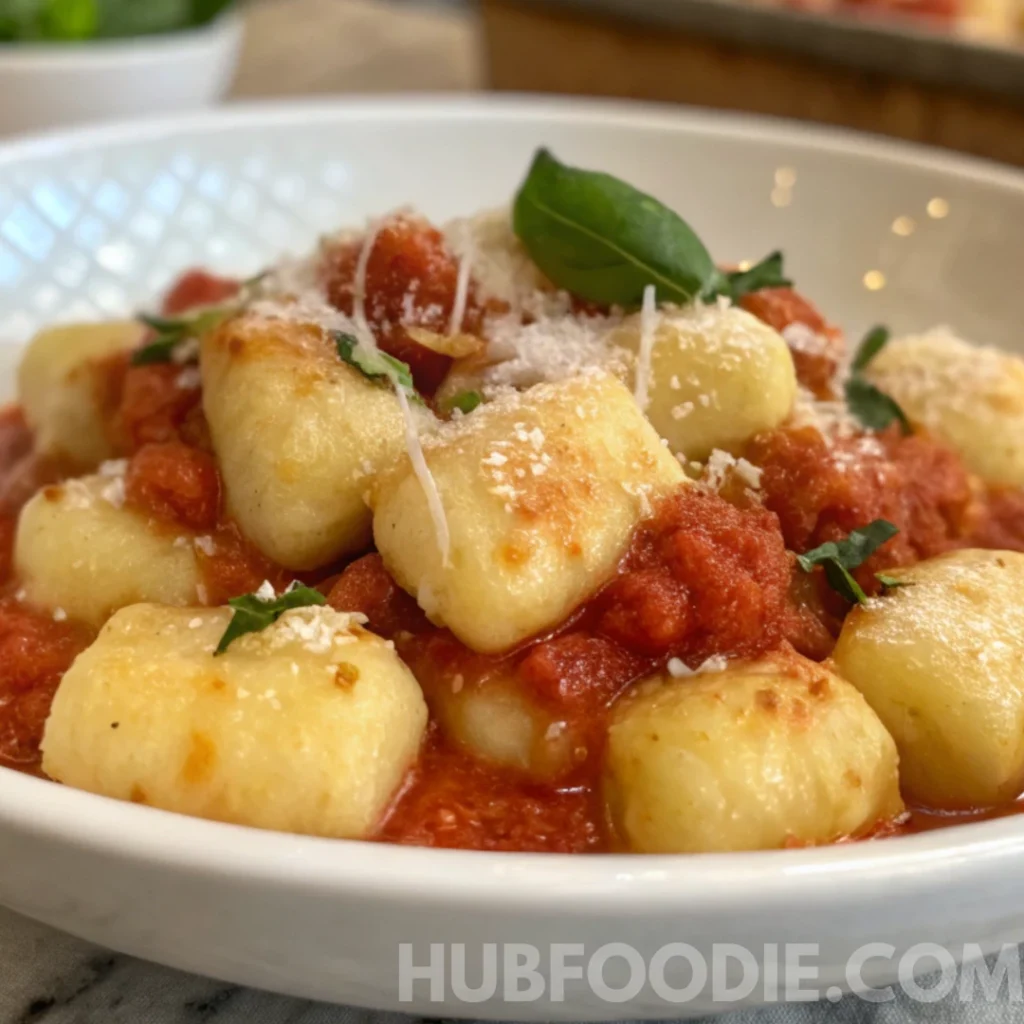 Gnocchi Amalfitani Recipe 19 Gnocchi Amalfitani in tomato sauce topped with grated cheese and fresh basil in a white bowl.