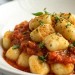Close-up of gnocchi served with a rich pasta sauce, garnished with chopped herbs in a white bowl.