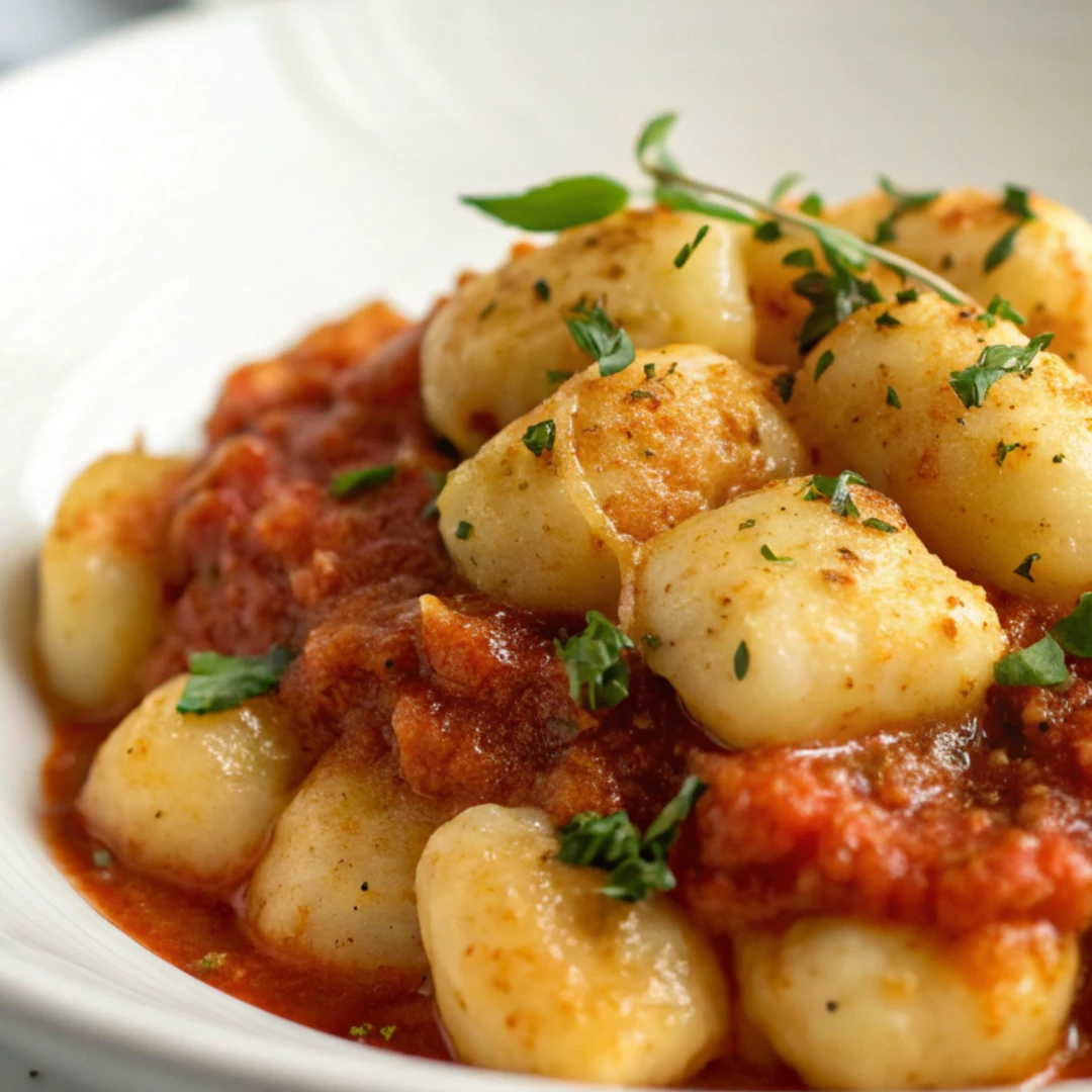 Close-up of gnocchi served with a rich pasta sauce, garnished with chopped herbs in a white bowl.