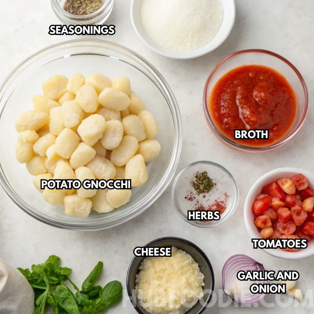 Gnocchi and Pasta Sauce Recipe 19 Flat lay of labeled ingredients for gnocchi and pasta sauce including potato gnocchi, broth, tomatoes, cheese, garlic and onion, herbs, and seasonings.