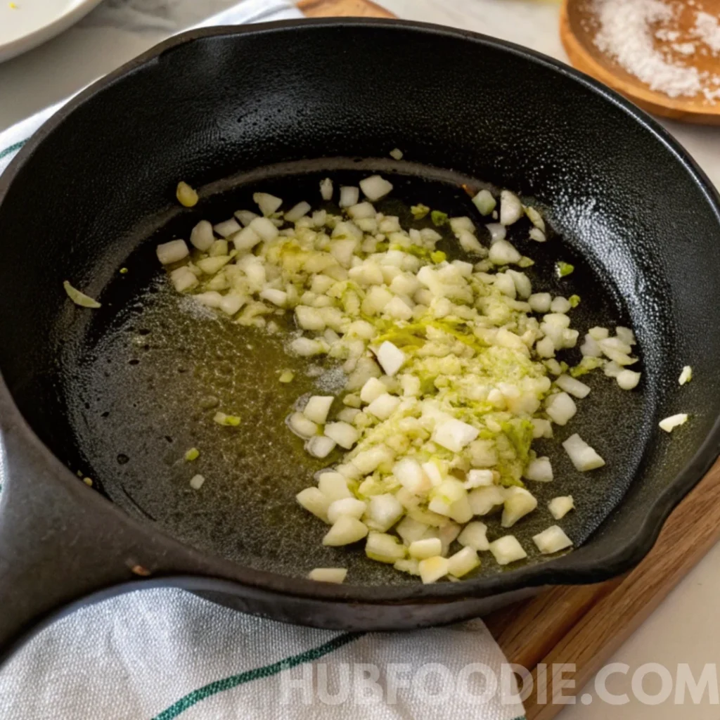 Gnocchi and Pasta Sauce Recipe 20 Chopped garlic and onion sautéing in oil in a black skillet on a wooden board.