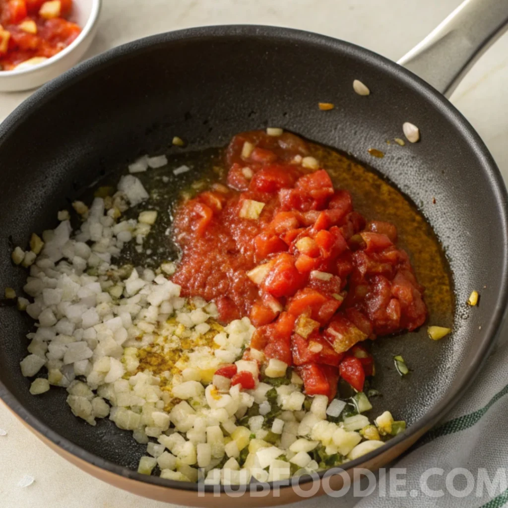 Gnocchi and Pasta Sauce Recipe 21 Skillet with sautéed onions and garlic, combined with chopped tomatoes and tomato sauce.