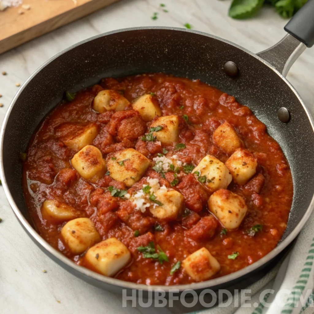 Gnocchi and Pasta Sauce Recipe 22 Gnocchi simmering in a thick tomato pasta sauce inside a skillet, topped with herbs and cheese.