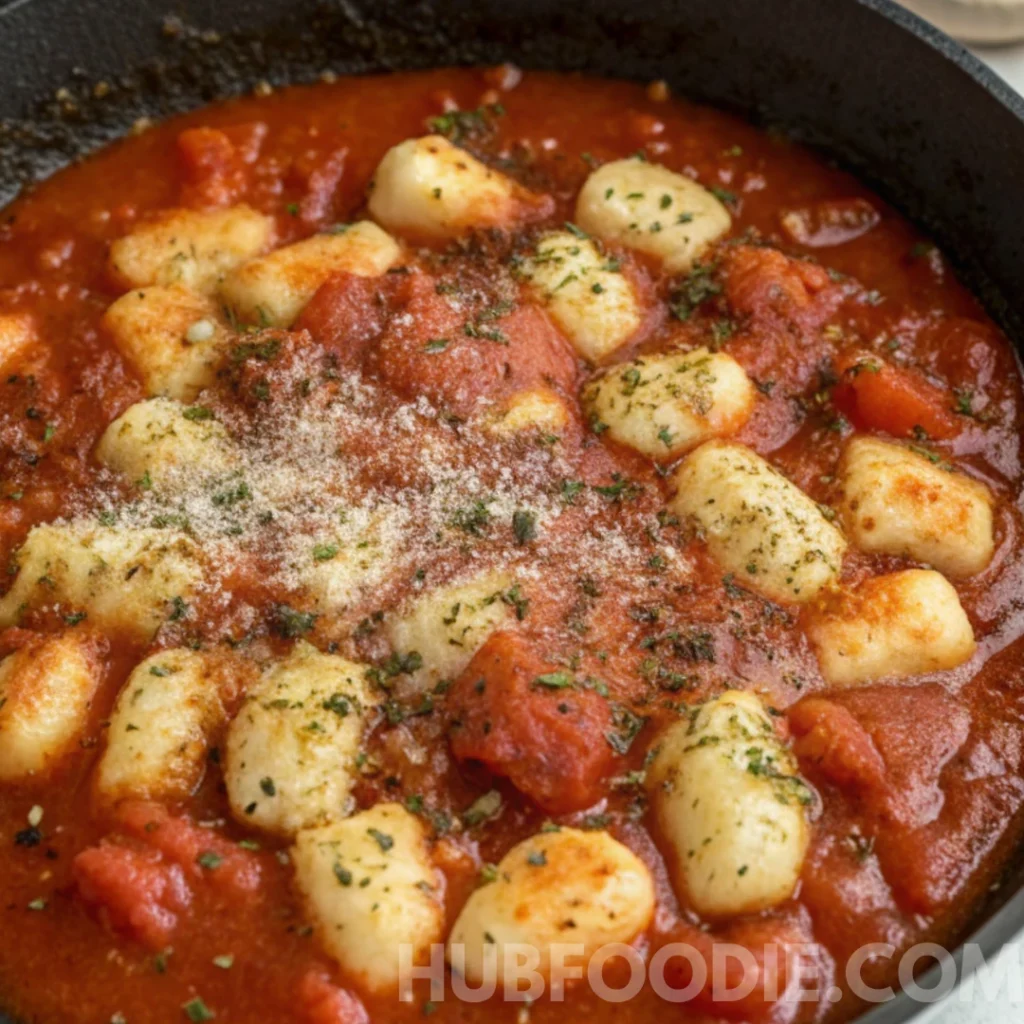 Gnocchi and Pasta Sauce Recipe 23 Gnocchi in tomato sauce topped with grated cheese and dried herbs in a skillet.