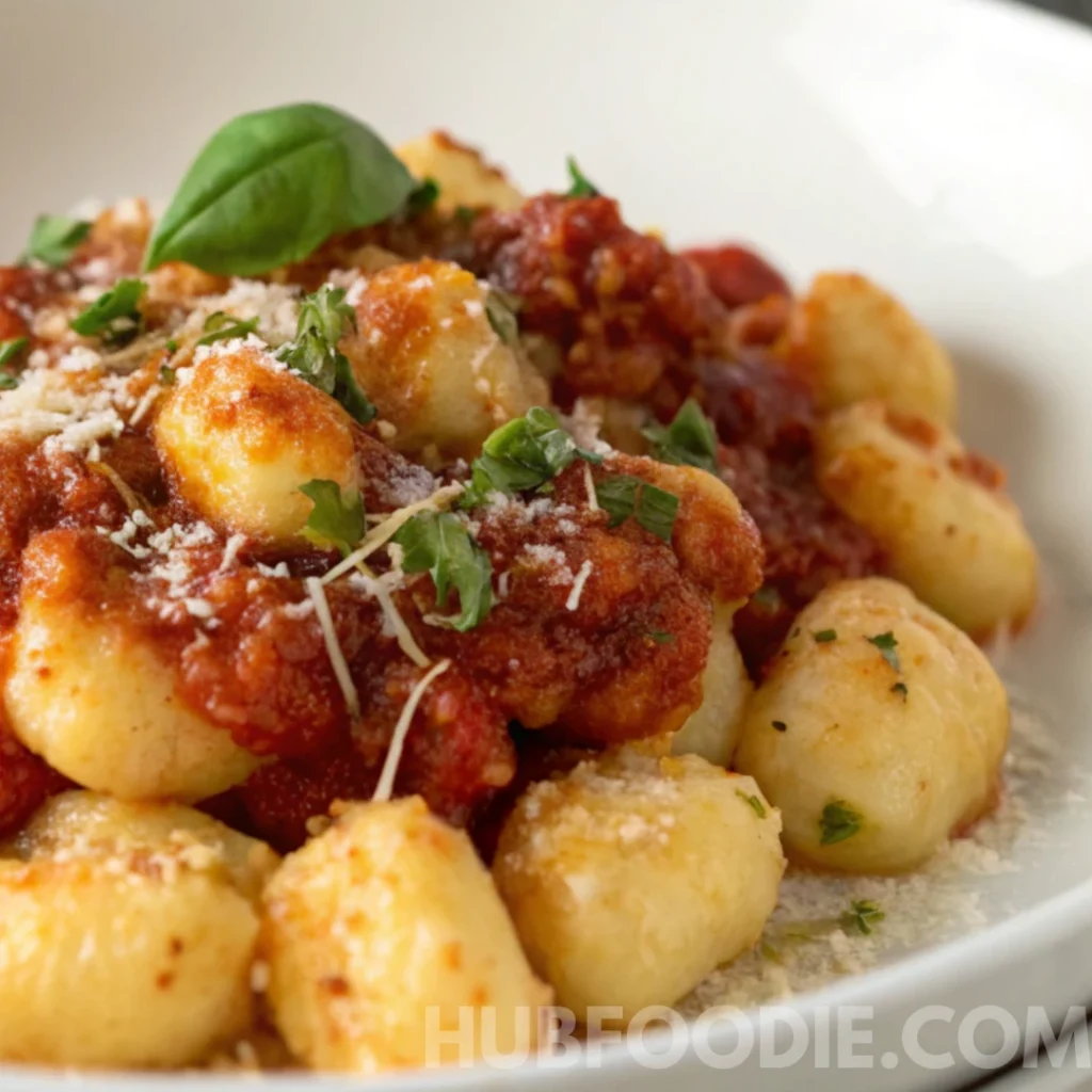 Gnocchi and Pasta Sauce Recipe 17 Gnocchi topped with thick pasta sauce, grated parmesan, and fresh basil served in a white bowl.