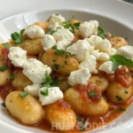 Gnocchi feta dish topped with tomato sauce, crumbled feta, and fresh herbs.