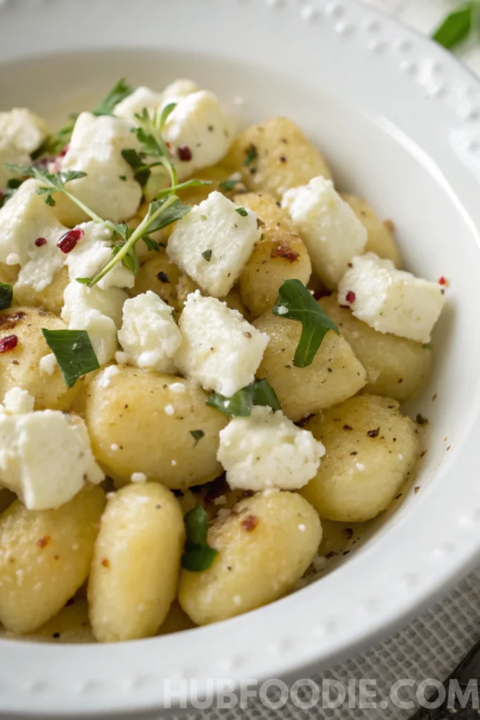 Cheesy Gnocchi Recipe 25 Pan-seared gnocchi served with crumbled feta cheese, fresh herbs, and a sprinkle of red pepper flakes.
