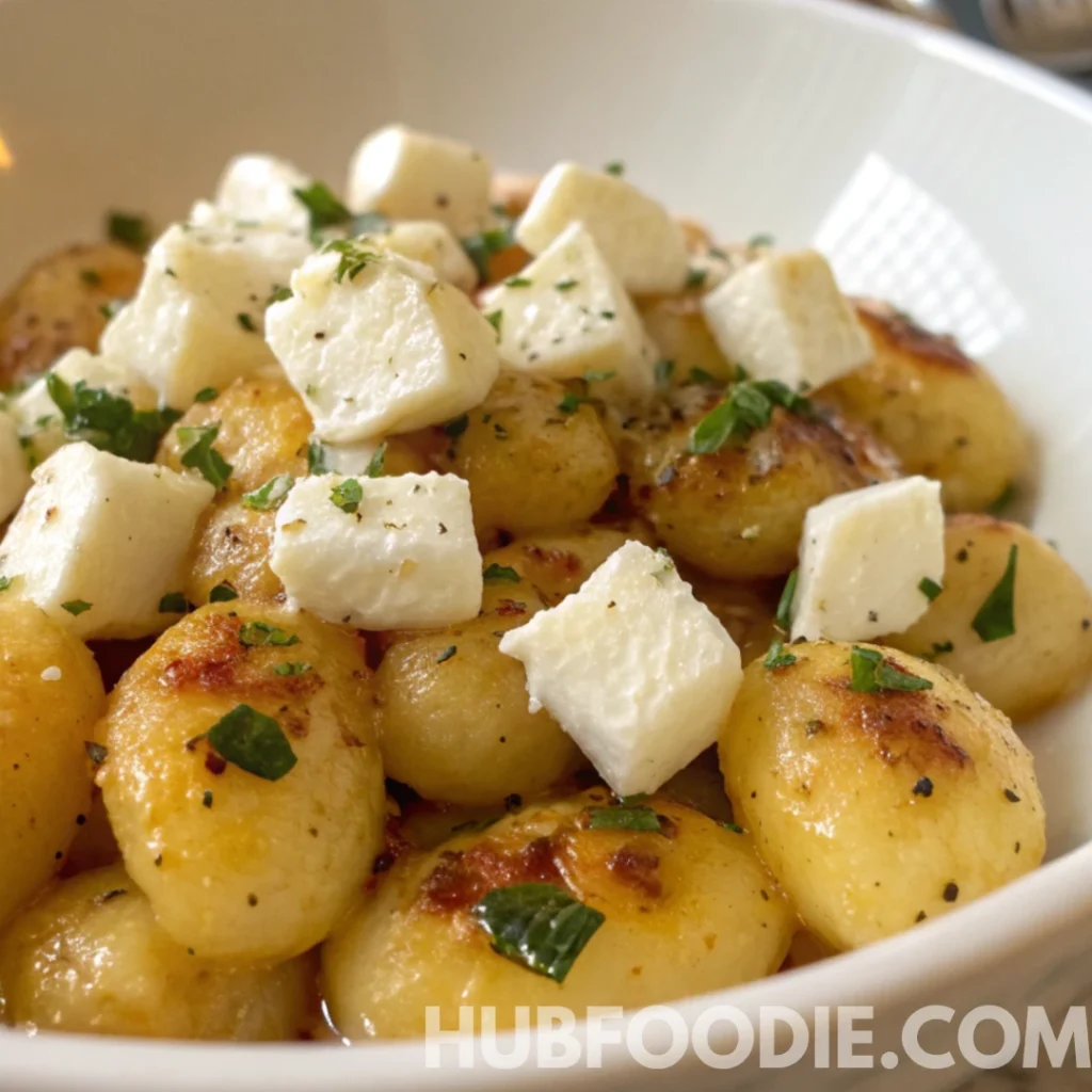 Gnocchi Feta Recipe 23 Pan-seared gnocchi feta topped with cubed feta cheese and fresh herbs.