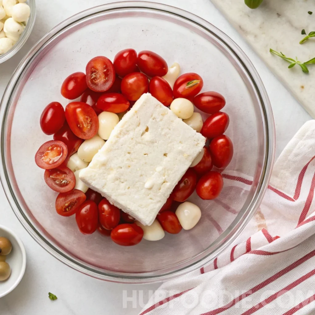 Gnocchi Feta Recipe 17 Gnocchi feta prep with block of feta cheese, cherry tomatoes, and garlic cloves in a glass bowl.