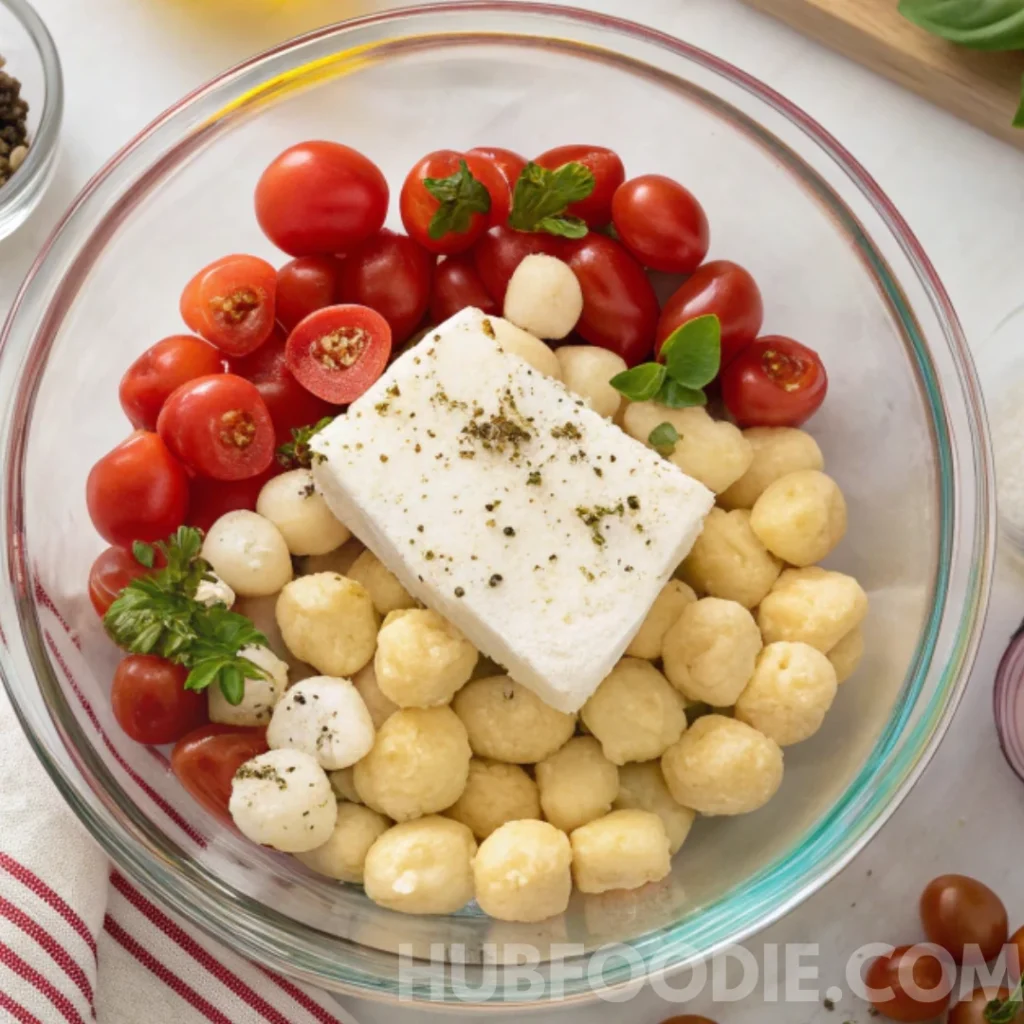 Gnocchi Feta Recipe 18 Gnocchi feta ingredients in bowl with seasoned feta, cherry tomatoes, fresh herbs, and gnocchi
