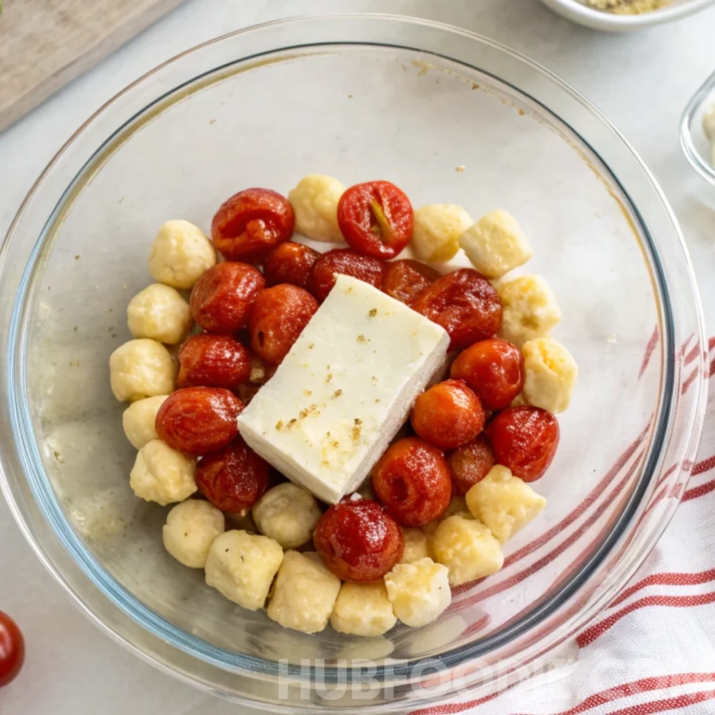 Gnocchi Feta Recipe 19 Gnocchi feta with roasted cherry tomatoes and feta block in a glass baking dish.