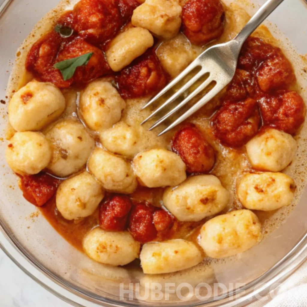 Gnocchi Feta Recipe 20 Gnocchi feta being mashed and mixed with roasted tomatoes in a glass bowl.
