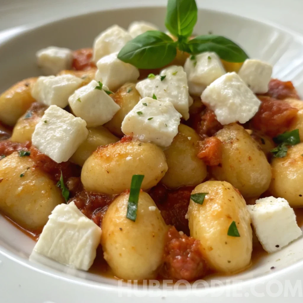 Gnocchi Feta Recipe 13 Gnocchi feta served with tomato sauce, cubed feta cheese, and basil garnish.