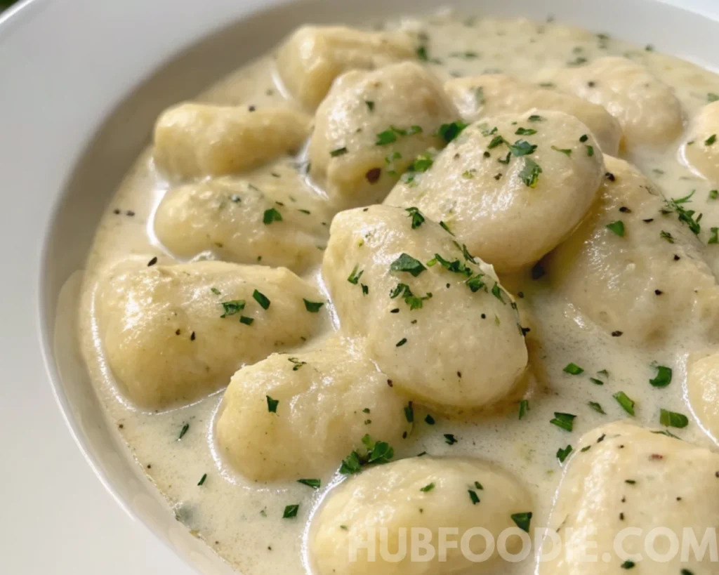 Gnocchi Pasta Salad 57 Gnocchi in a creamy white sauce garnished with chopped herbs and black pepper.