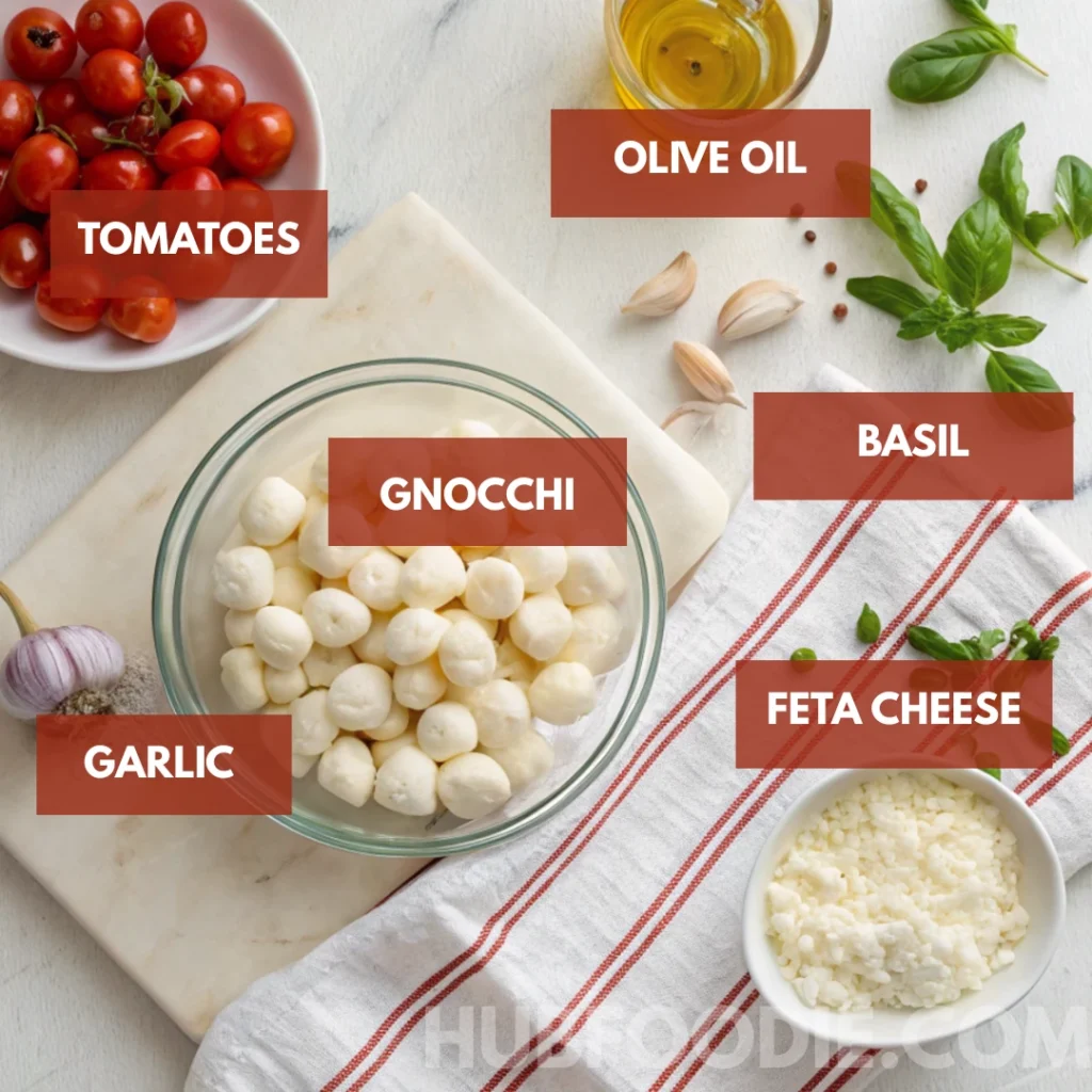 Gnocchi Feta Recipe 15 Fresh gnocchi feta ingredients including gnocchi, feta cheese, tomatoes, garlic, basil, and olive oil.