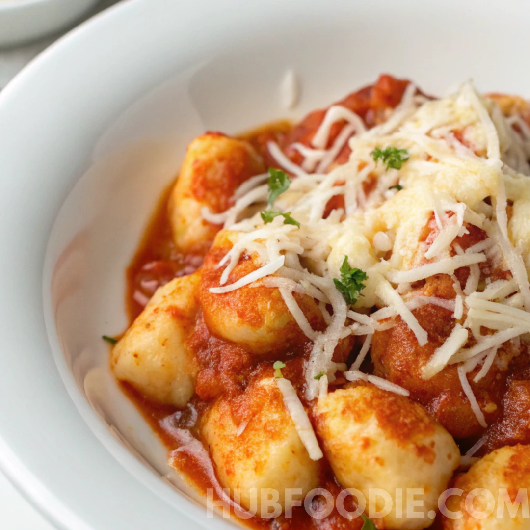 Gnocchi in marinara sauce topped with shredded cheese and garnished with fresh parsley.