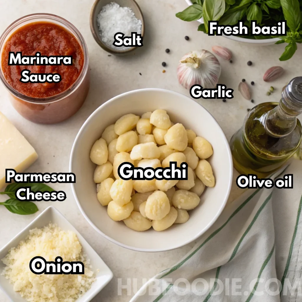 Homemade Gnocchi Marinara 12 Gnocchi marinara ingredients flat lay including gnocchi, marinara sauce, garlic, onion, basil, olive oil, and parmesan cheese.