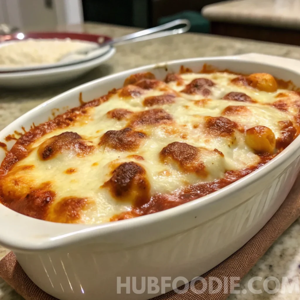 Homemade Gnocchi Marinara 17 Baked gnocchi marinara topped with melted mozzarella cheese in a white casserole dish.