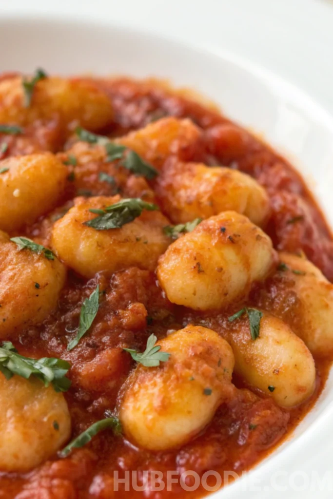 Cheesy Gnocchi Recipe 26 Soft gnocchi coated in a rich marinara sauce, garnished with fresh parsley in a white bowl.