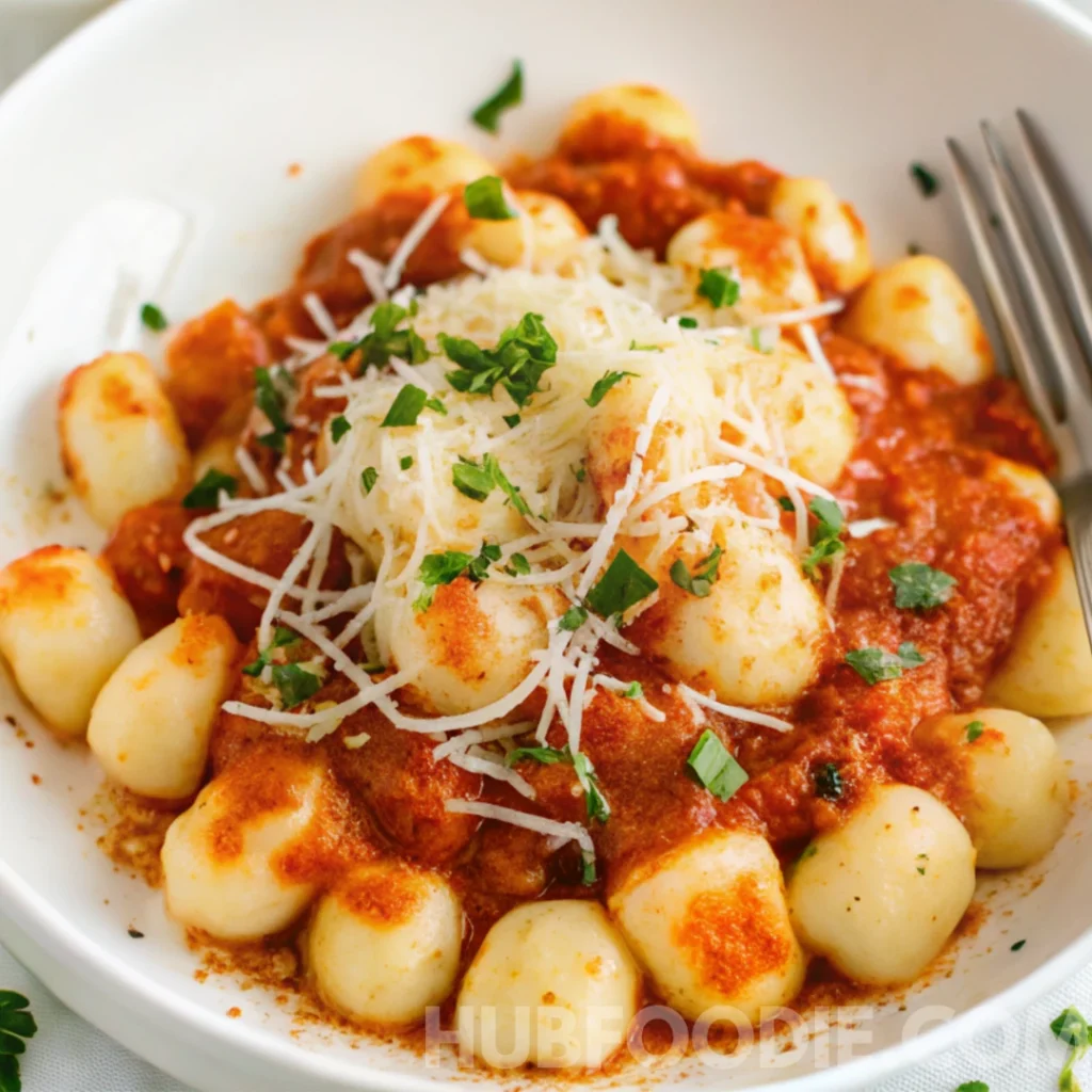 Homemade Gnocchi Marinara 11 Bowl of gnocchi with marinara sauce, grated cheese, and chopped parsley with a fork.