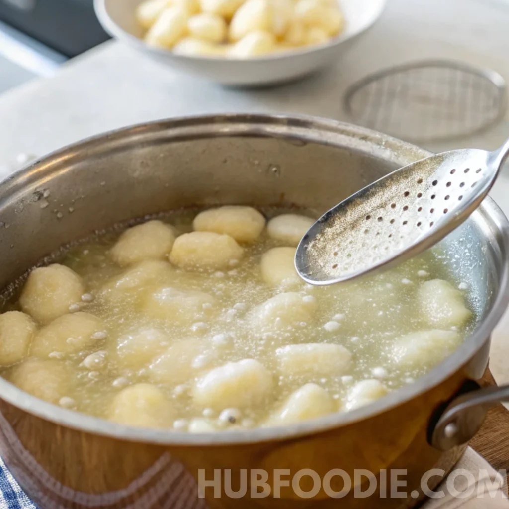 Homemade Gnocchi Marinara 13 Gnocchi boiling in a pot of water during the first step of cooking gnocchi marinara.