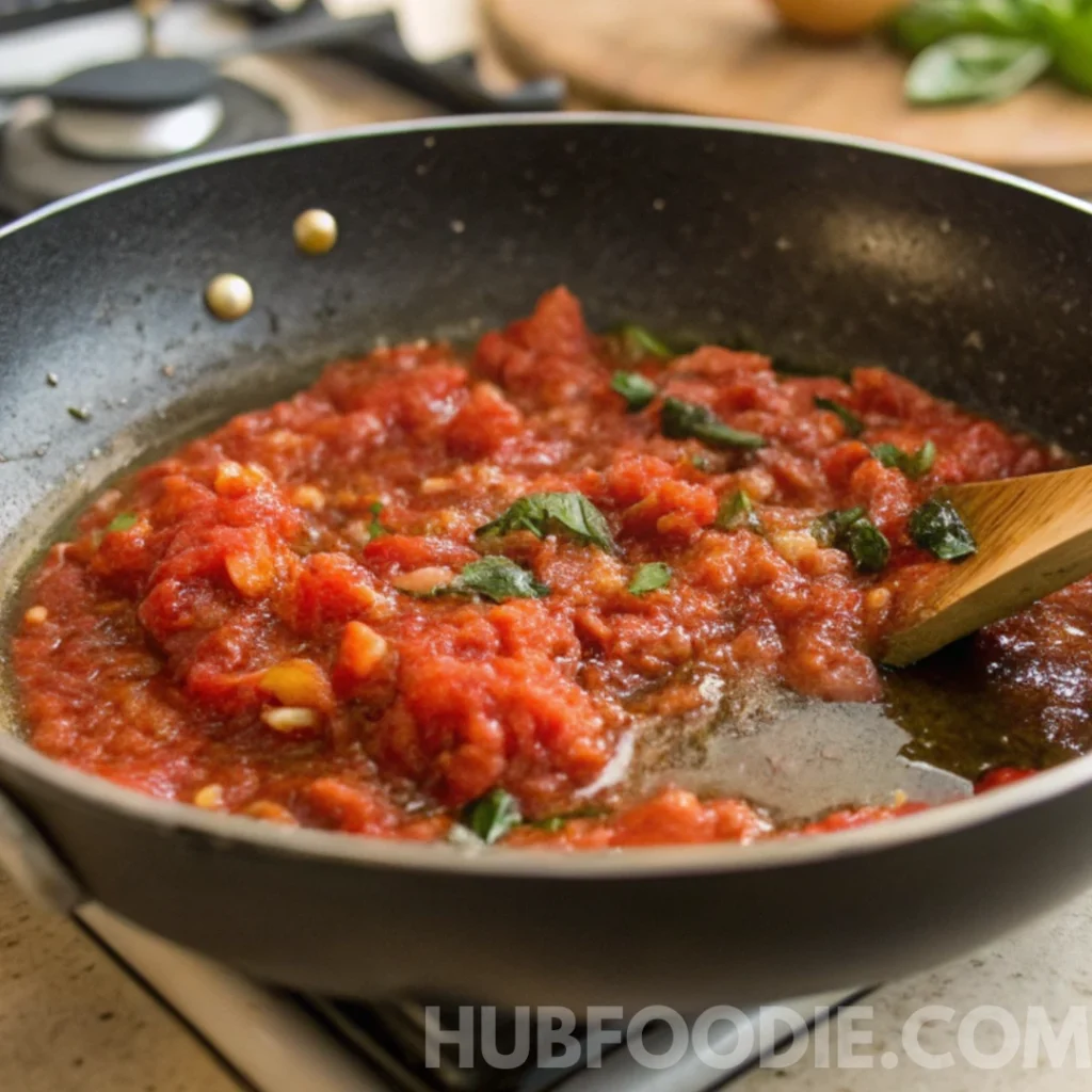 Homemade Gnocchi Marinara 14 Homemade marinara sauce simmering in a skillet with garlic and fresh basil for gnocchi marinara.