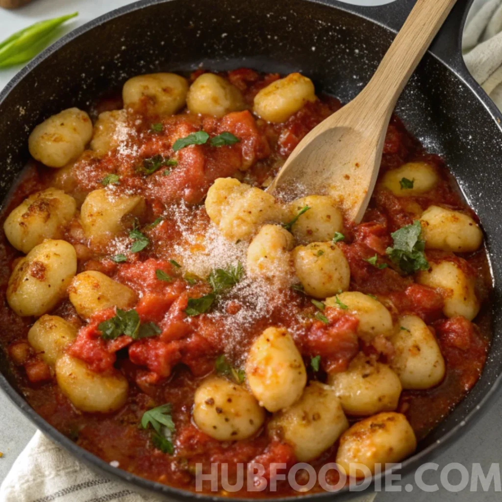 Homemade Gnocchi Marinara 15 Gnocchi mixed with marinara sauce and garnished with parsley and parmesan in a skillet.