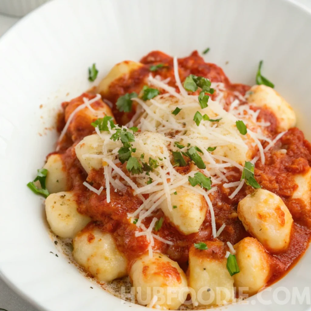 Homemade Gnocchi Marinara 16 Gnocchi marinara served in a white bowl topped with parmesan cheese and fresh parsley.