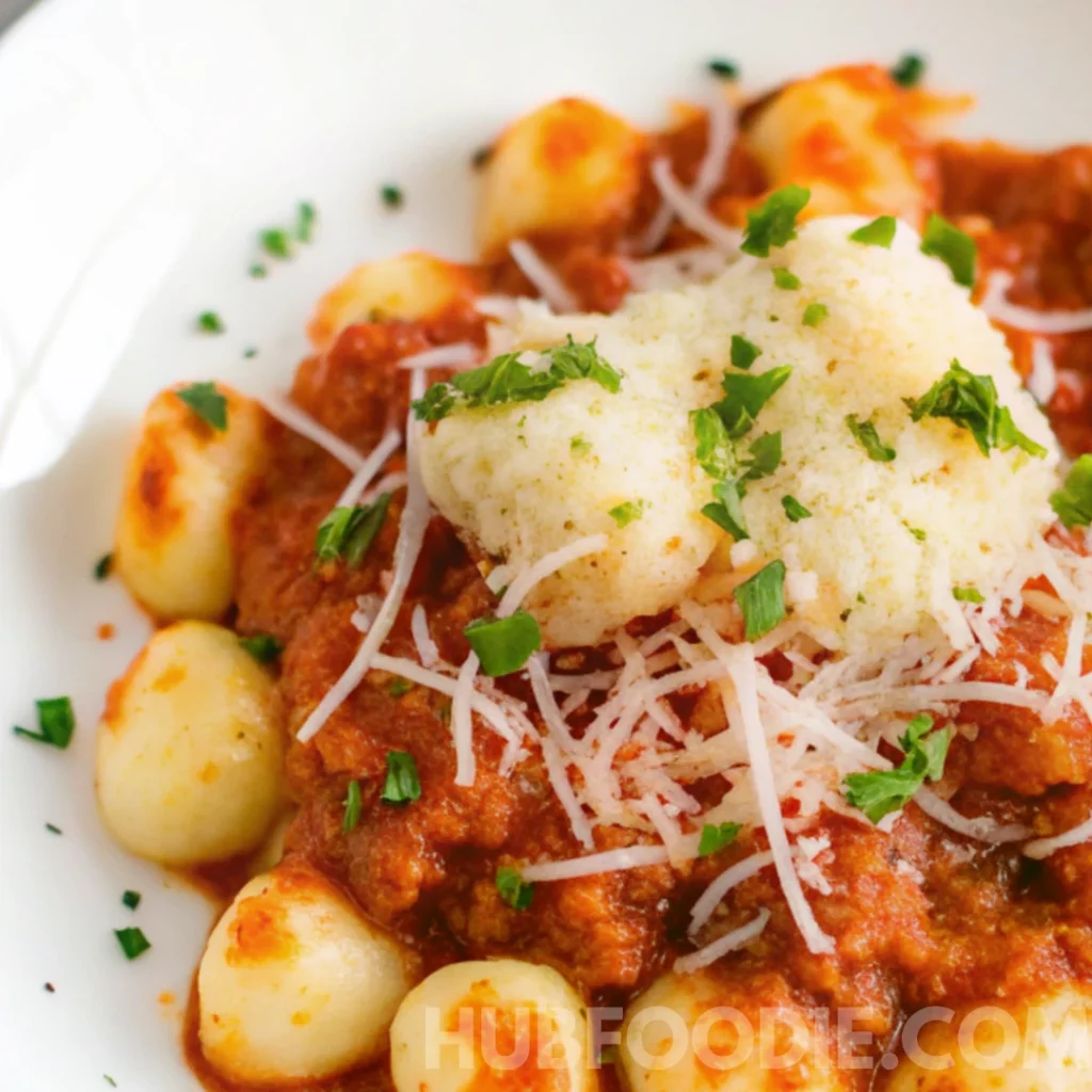 Homemade Gnocchi Marinara 10 Top view of gnocchi in marinara sauce with shredded cheese and parsley garnish.