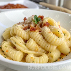 Gnocchi noodles in creamy parmesan sauce, topped with grated cheese and crispy bits.