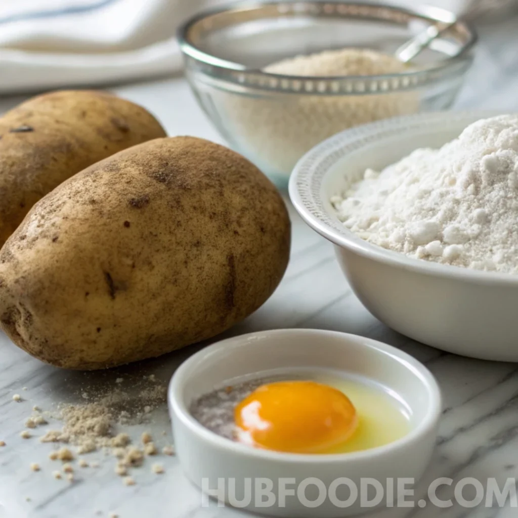 Gnocchi Noodles Recipe 17 Raw ingredients for gnocchi noodles including potatoes, flour, egg, and cheese.