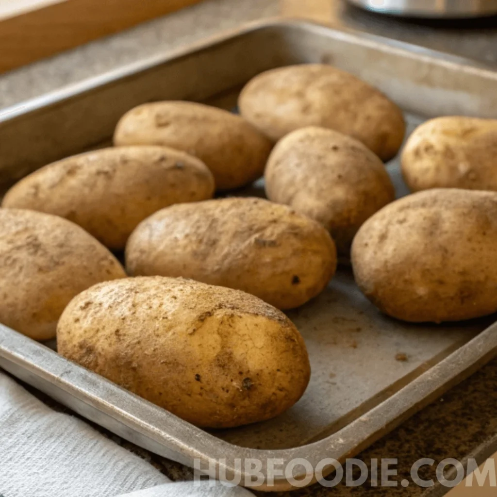 Gnocchi Noodles Recipe 18 Raw russet potatoes on a baking tray ready to be cooked.