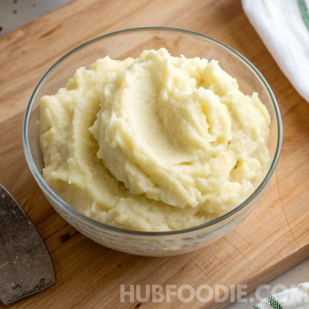 Gnocchi Noodles Recipe 20 Bowl of smooth mashed potatoes on a wooden cutting board.